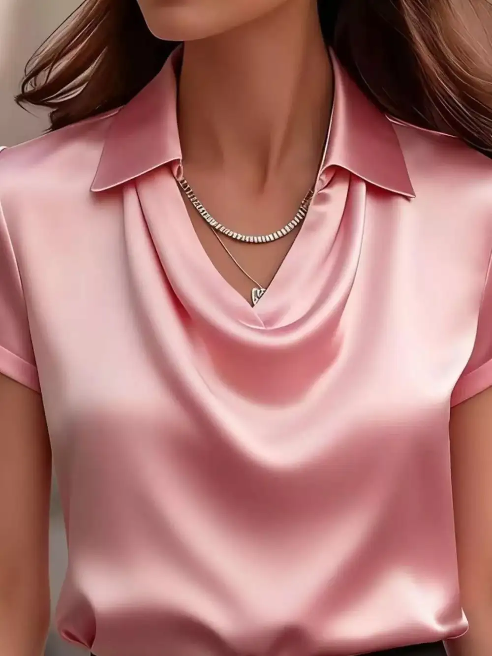 Cowl Neck Short Sleeve Satin Blouse Plus