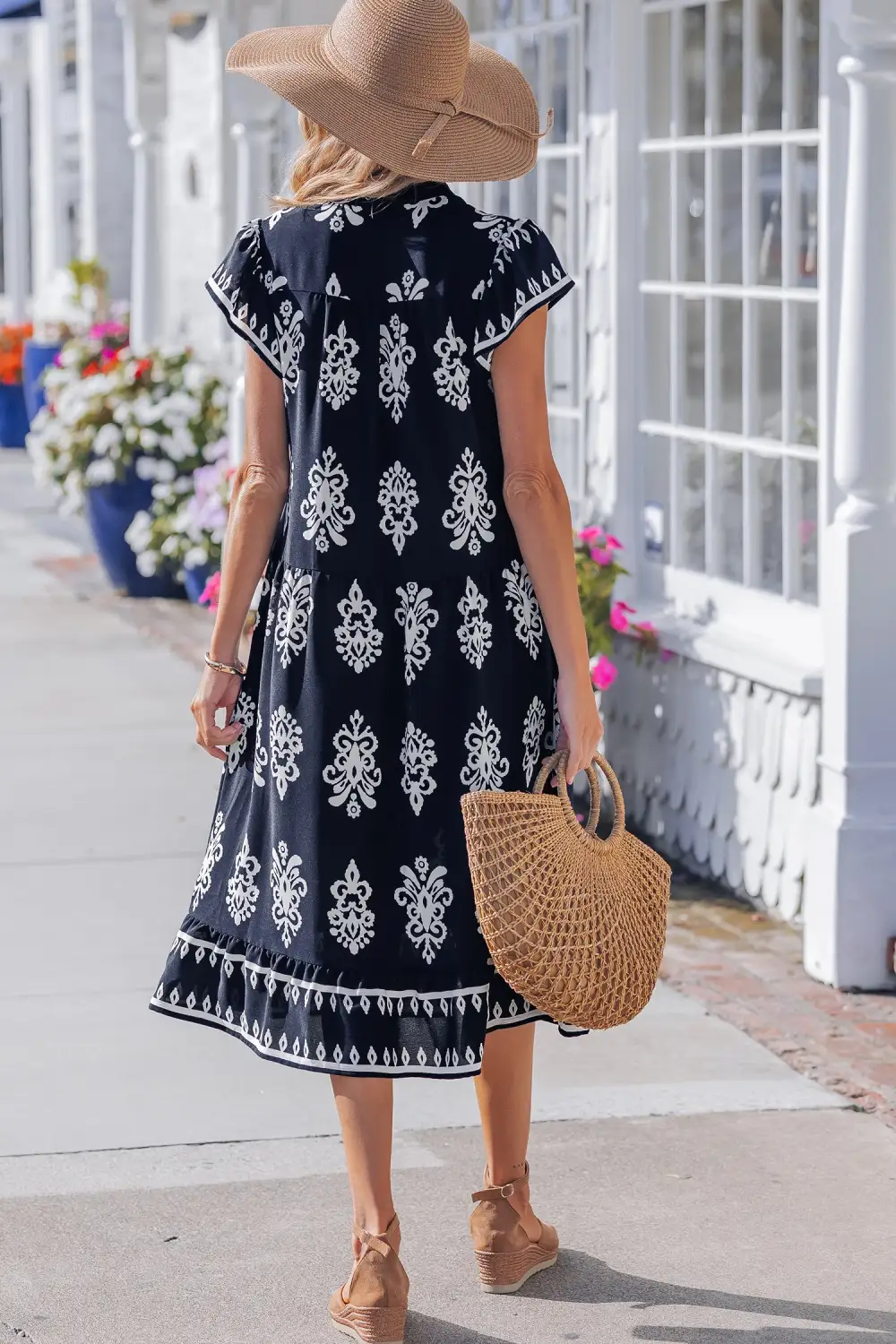 Printed Split Neck Short Sleeve Midi Dress