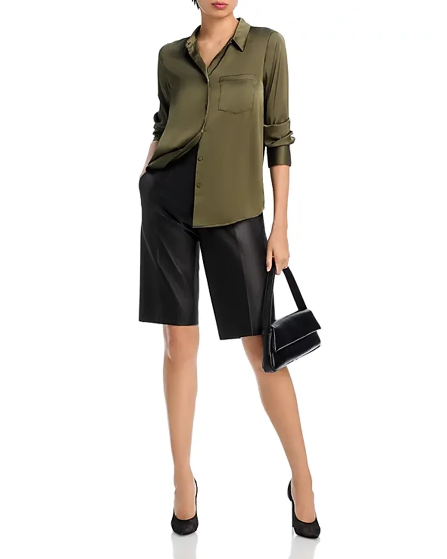 Lapel Satin Button Front Blouse