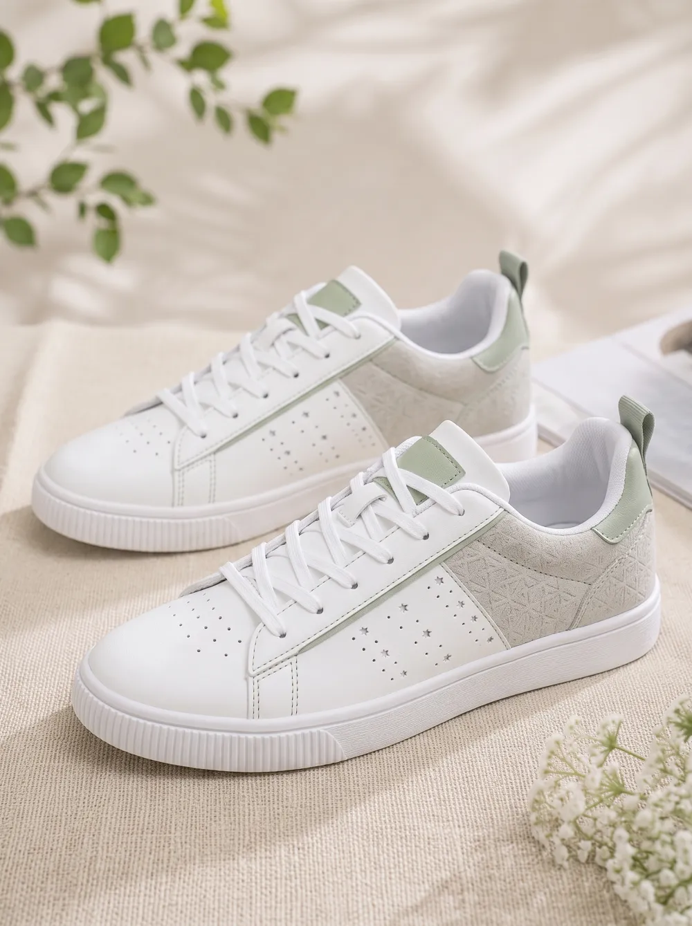 Men's Sage Green Star Pattern Suede Printed Sneakers