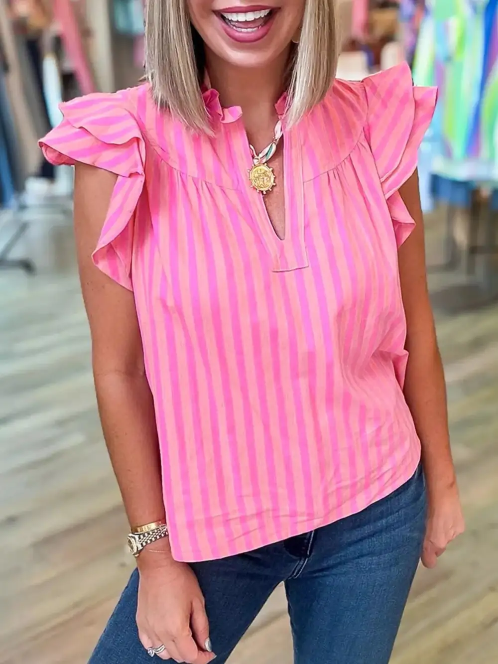 Stripe Split Neck Ruffled Blouse