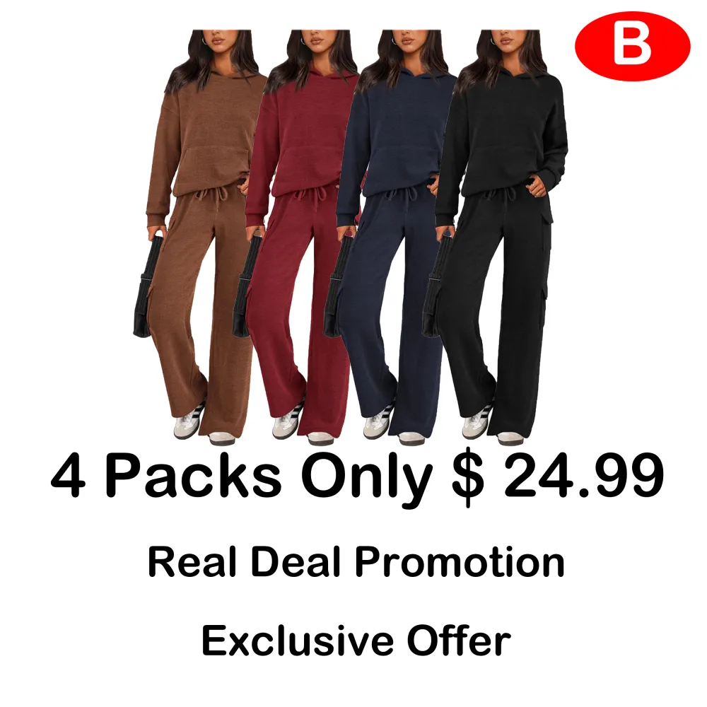 Women's 2-Piece Knitted Sets Hoodie & Wide Leg Pants with Pockets Drawstring