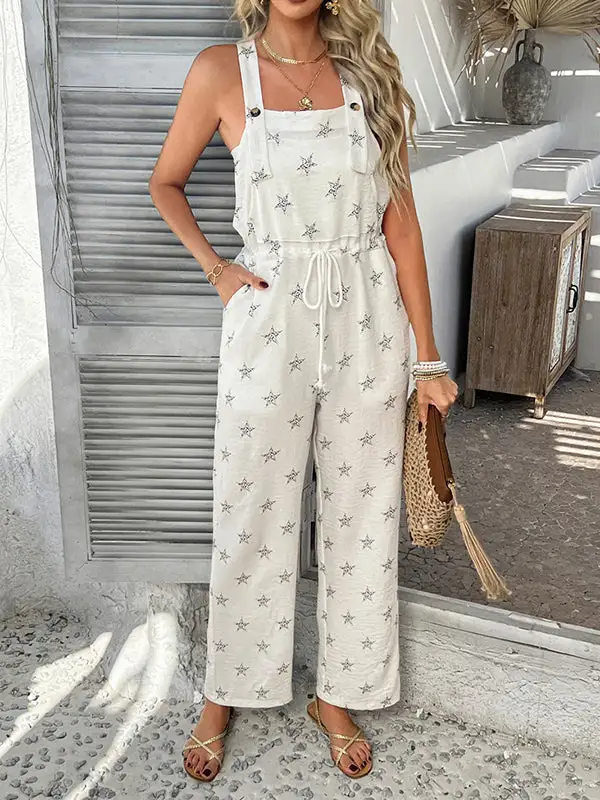 Mouwloze Jumpsuits Met Trekkoord Knoopsluiting En Bedrukte Spaghetti