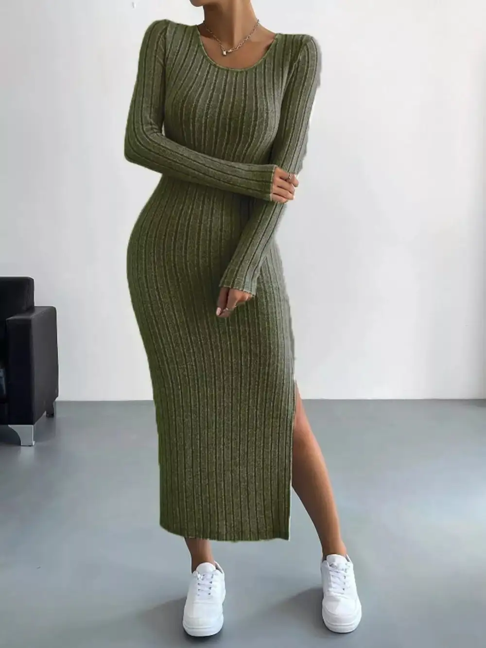Textured Detail Ribbed Knit Midi Dress