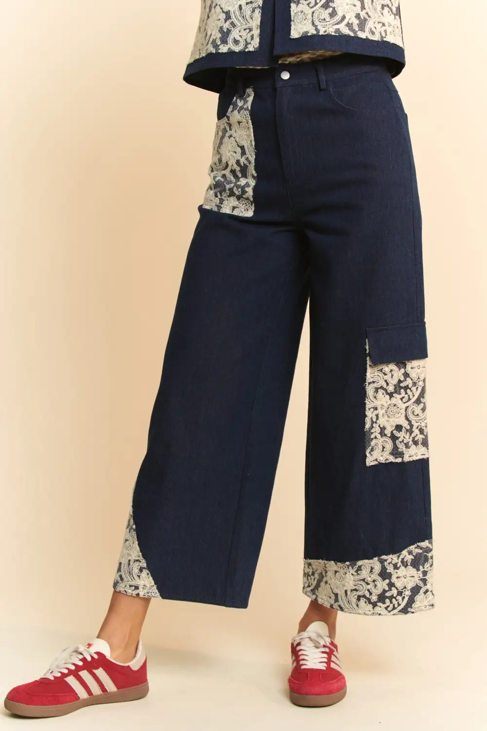 Lace Applique Wide Leg Detail Denim Jeans