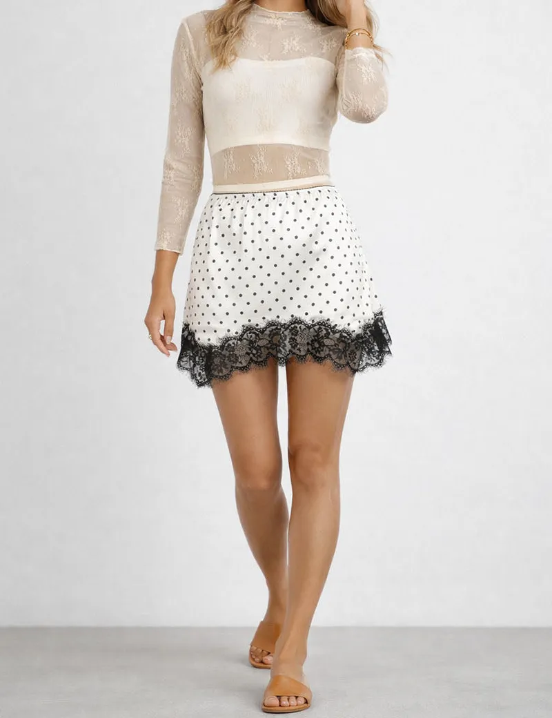 Chic Satin Polka Dot Lace Trim Mini Skirt