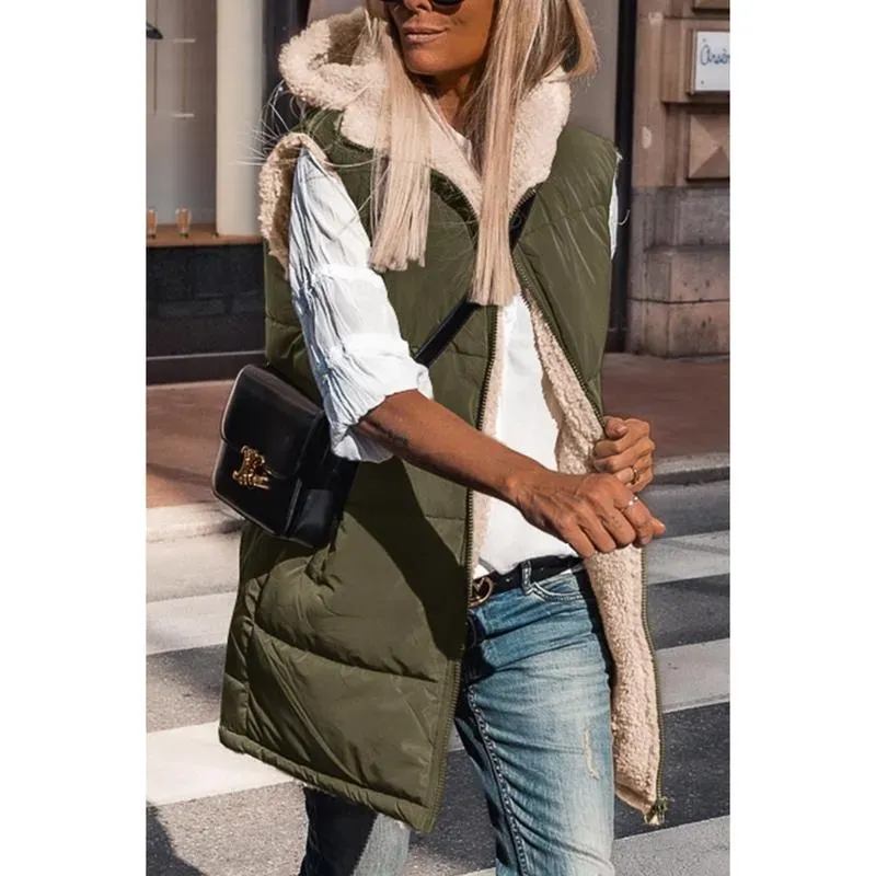 Women's military green double-faced fleece vest with pockets and a hood, long zip-up coat
