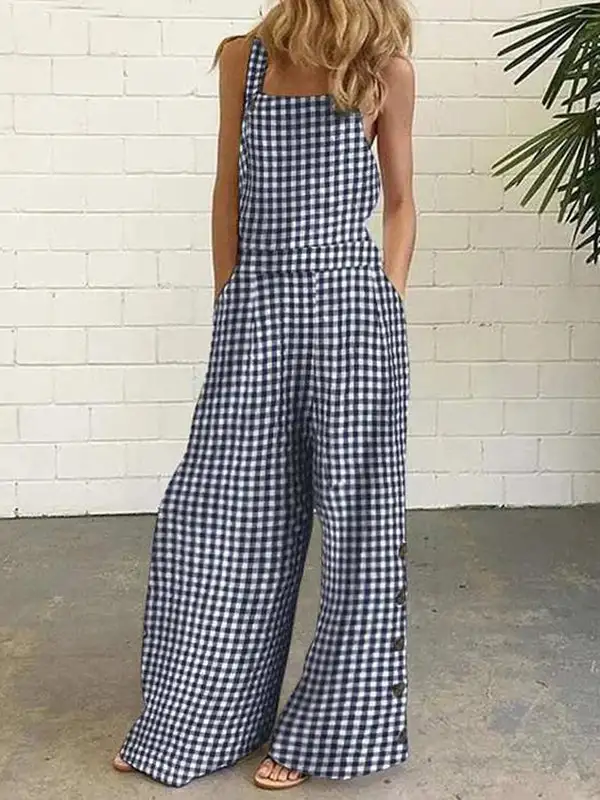 Contemporary Loose Sleeveless Buttoned Plaid Pockets Collarless Overalls