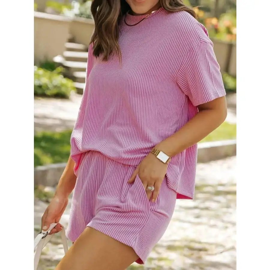 Ribbed Short Sleeve Top and Shorts Two Piece Set