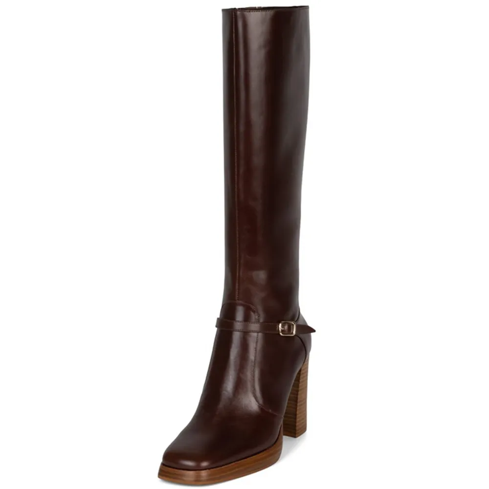Buckle-Detail Square-Toe Chunky-Heel Block-Heel Knee-High Boots