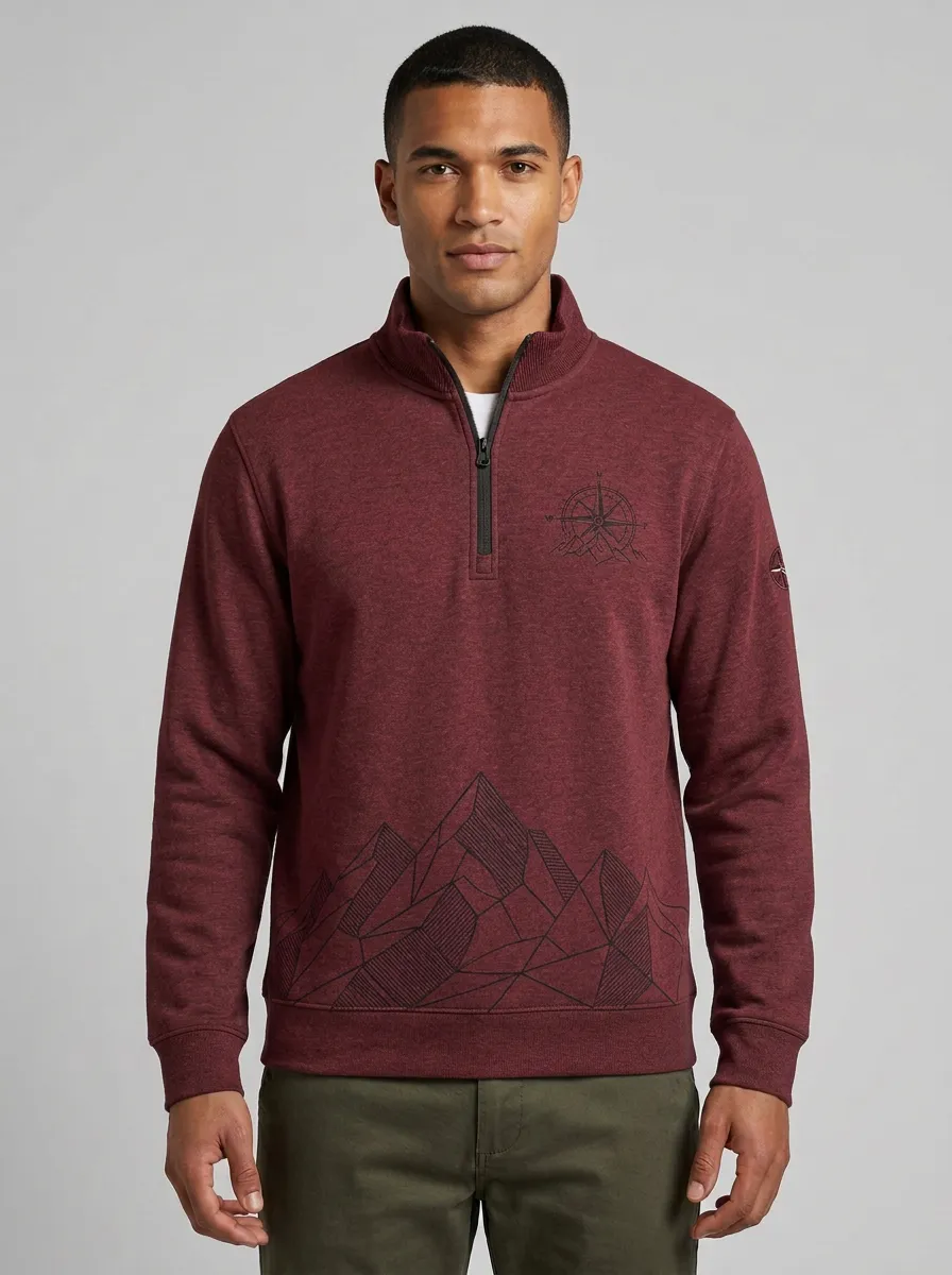 Men's Outdoor Mountain Compass Graphic Quarter-Zip-Neck Sweatshirt