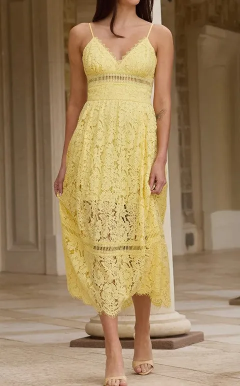 Yellow Lace V-Neck A-Line Maxi Dress