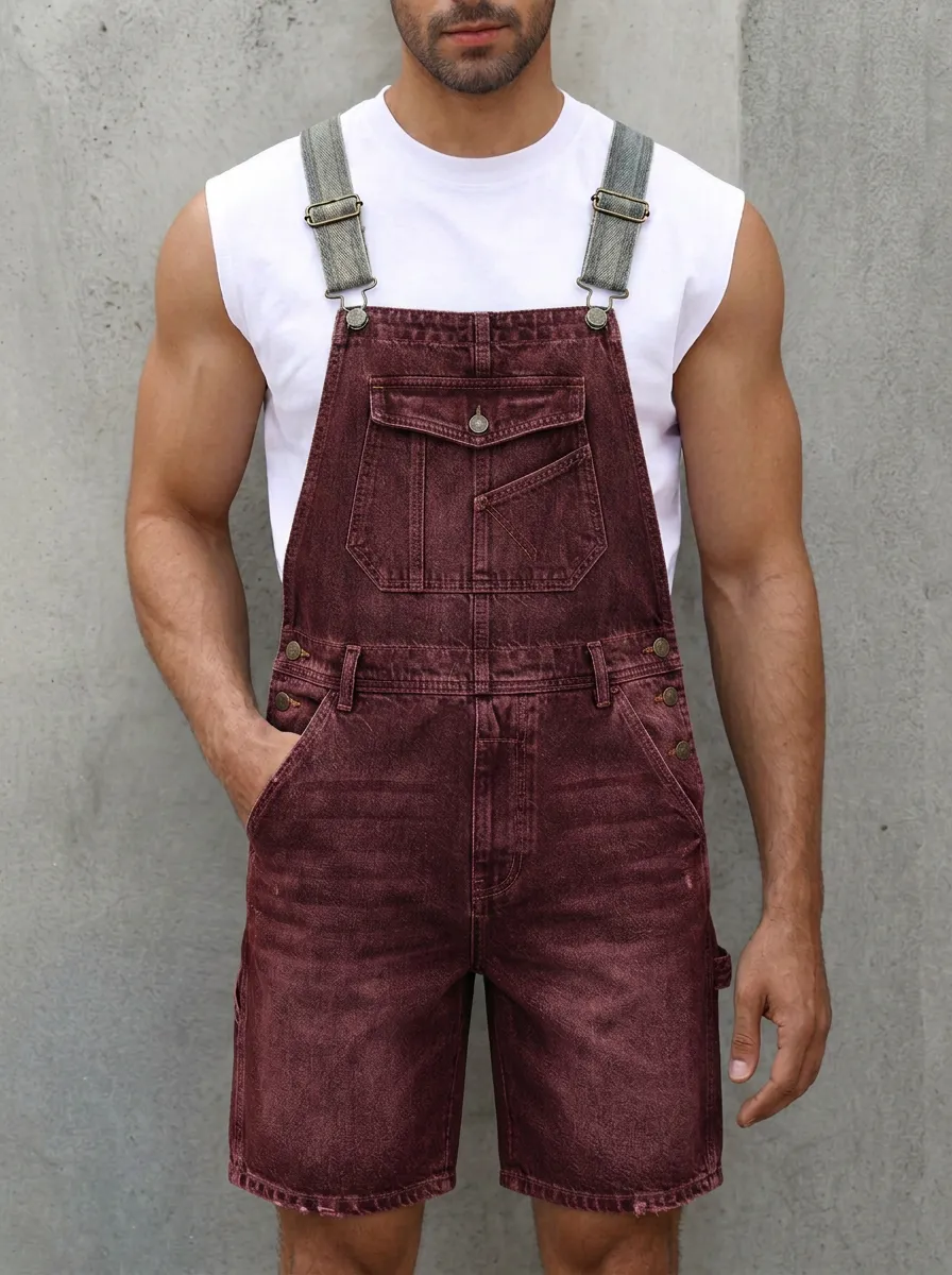 Men's Casual Vintage Distressed Denim Bib Overalls Shorts