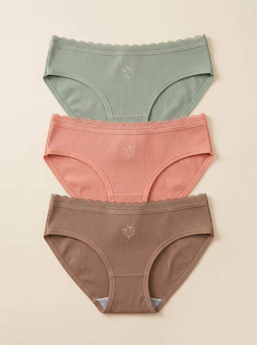 Women's Botanical Lace Trim Ribbed Mid-Rise Briefs 3-Pack