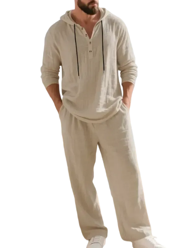 Men's fashionable linen hooded two-piece set, casual vacation style