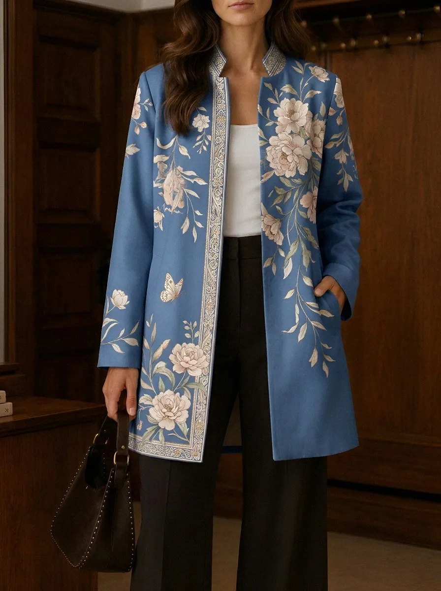 Women's Floral Butterfly Botanical Printed Longline Jacket