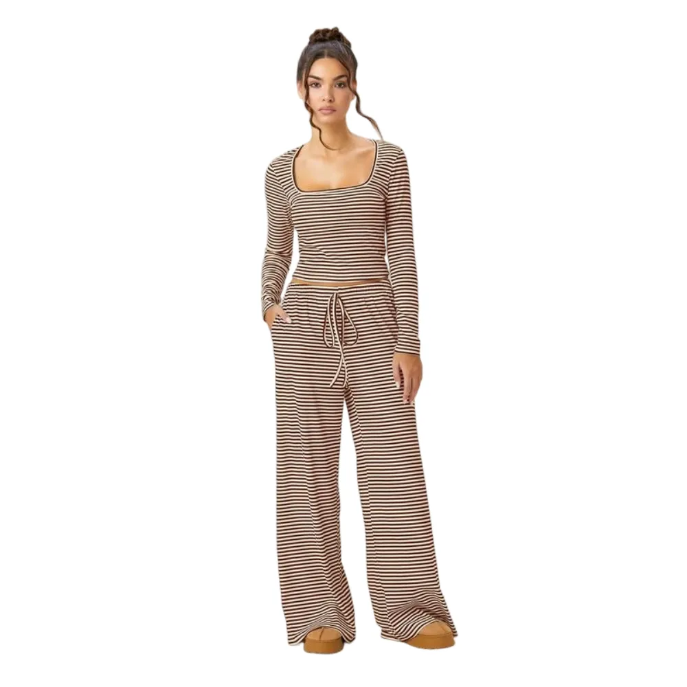 Women's Slouchy Square Neck Stripe Long Sleeve Crop Top & Low-Rise Wide Leg Trousers Co-ord