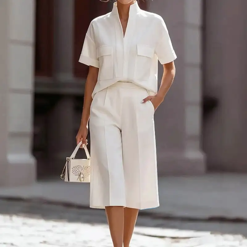 Women's Two-Piece Pocket Top & Culotte Pants Set