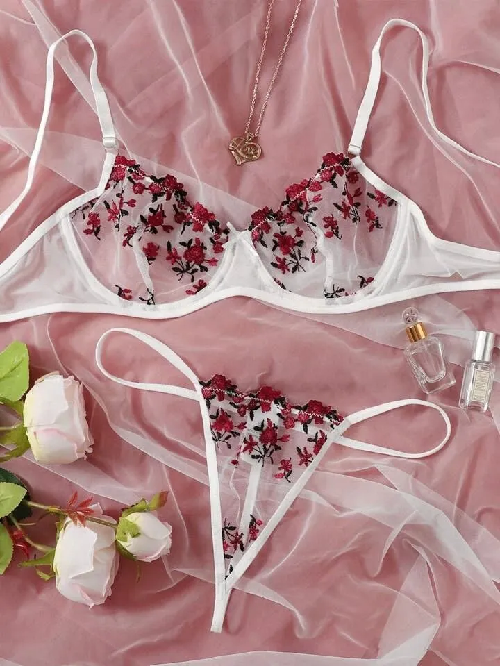 Textured Floral Embroidered Lingerie Set