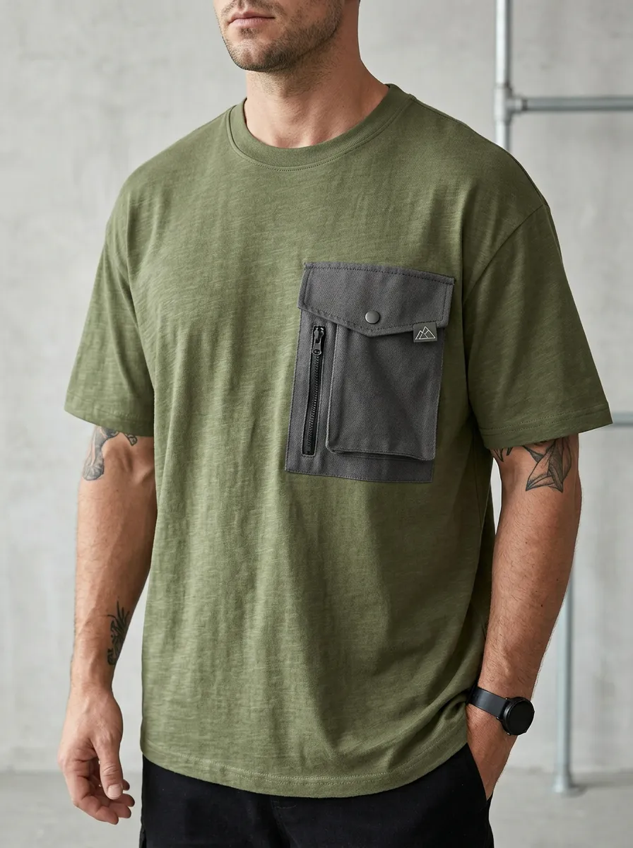 Practical Mountain Graphic Utility Classic Look Men's Cargo Pocket T-Shirt