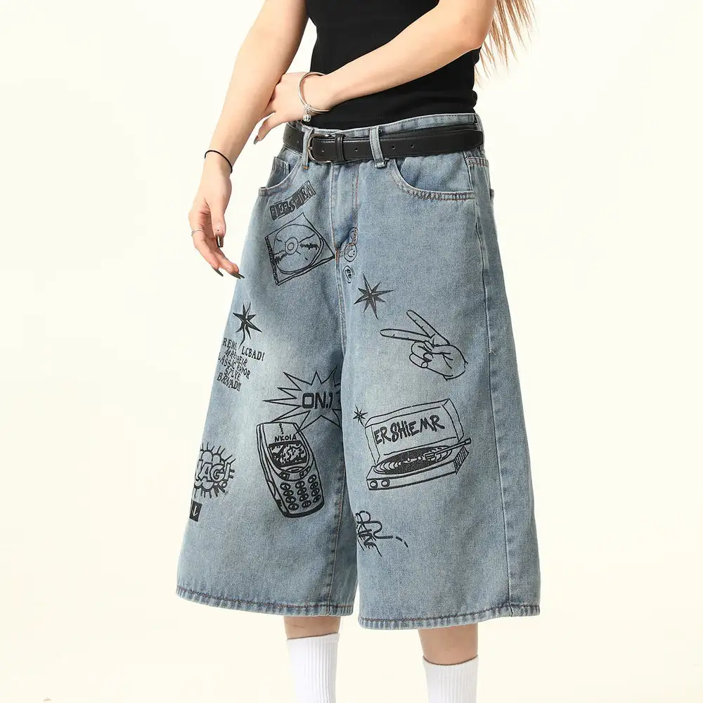 Graffiti Print Denim Shorts