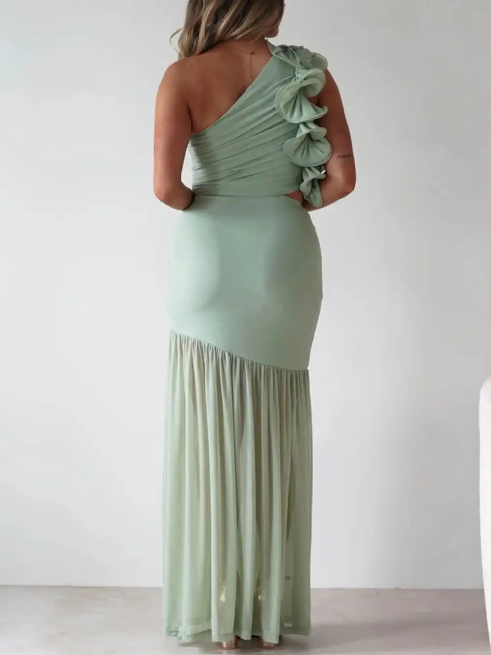 One Shoulder Ruffle Trim Maxi Dress