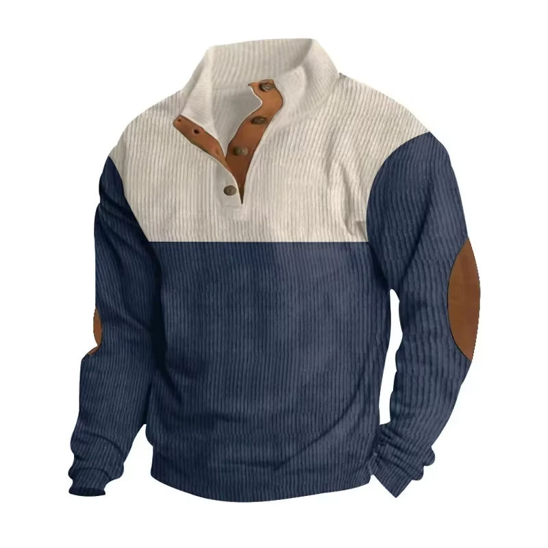 Men's Stand Collar Patchwork Corduroy Long-Sleeve Tee