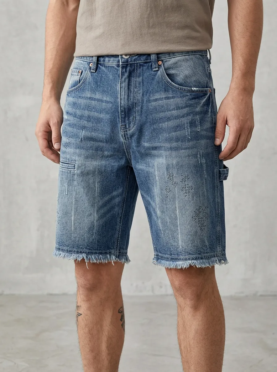 Men's Geometric Distressed Raw Hem Street Inspired Distressed Denim Shorts