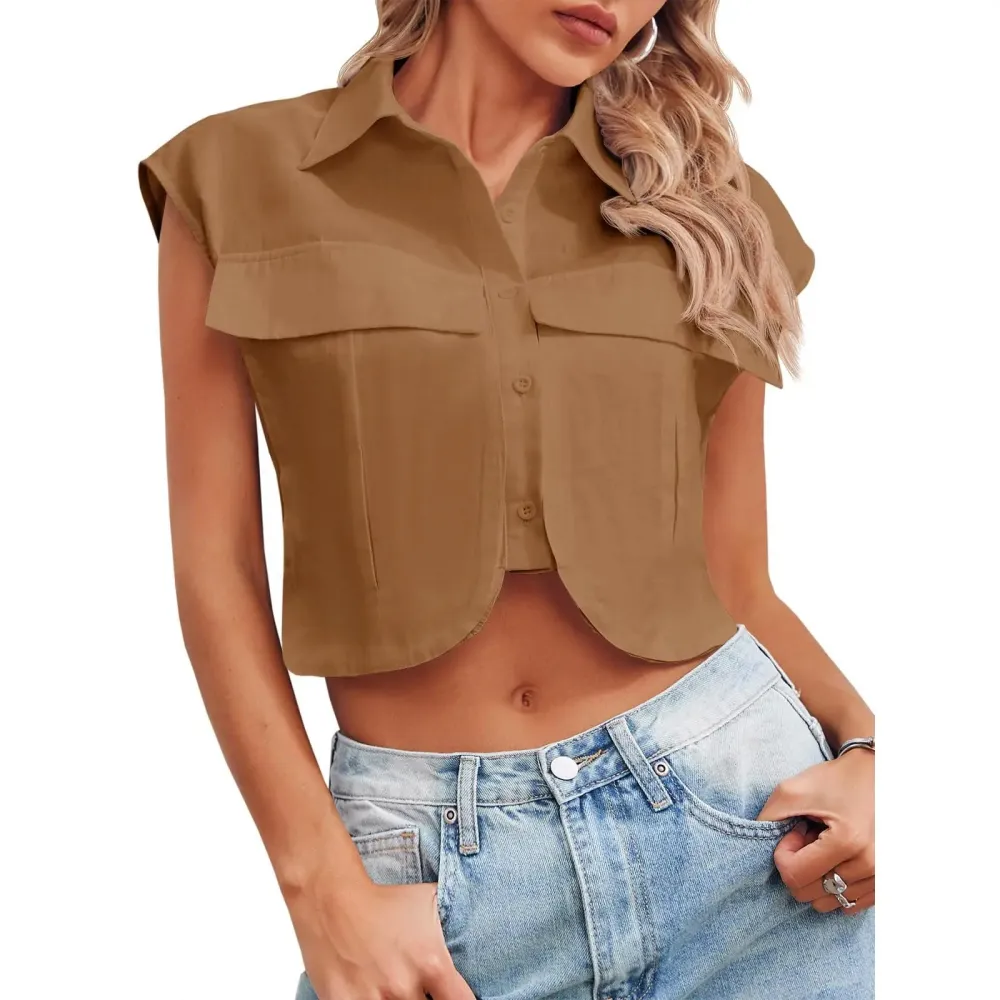 Womens Button Down Shirts Cute Summer Cap Sleeve Crop Tops