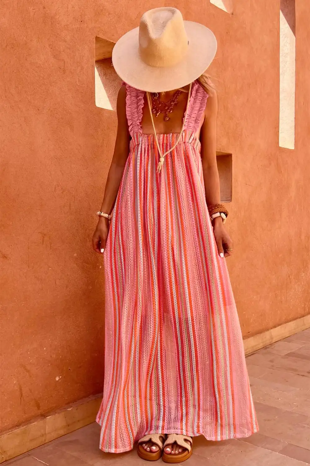 Striped Ribbed Ruffle Maxi Dress