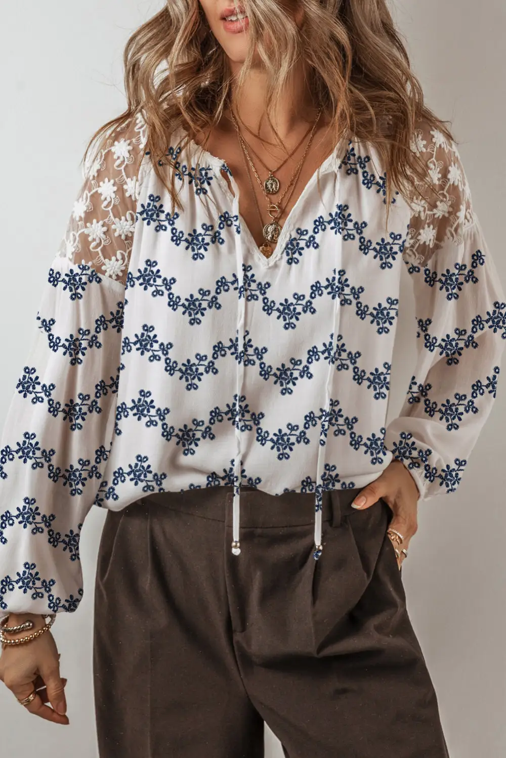 Floral Embroidered Lace Trim Blouse