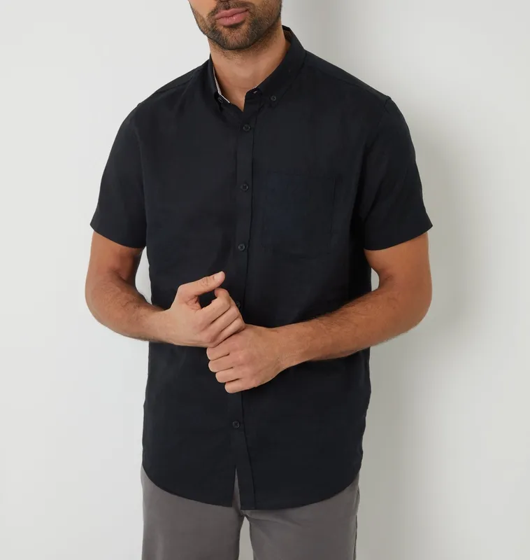Black Short-Sleeve Linen-Blend Shirt
