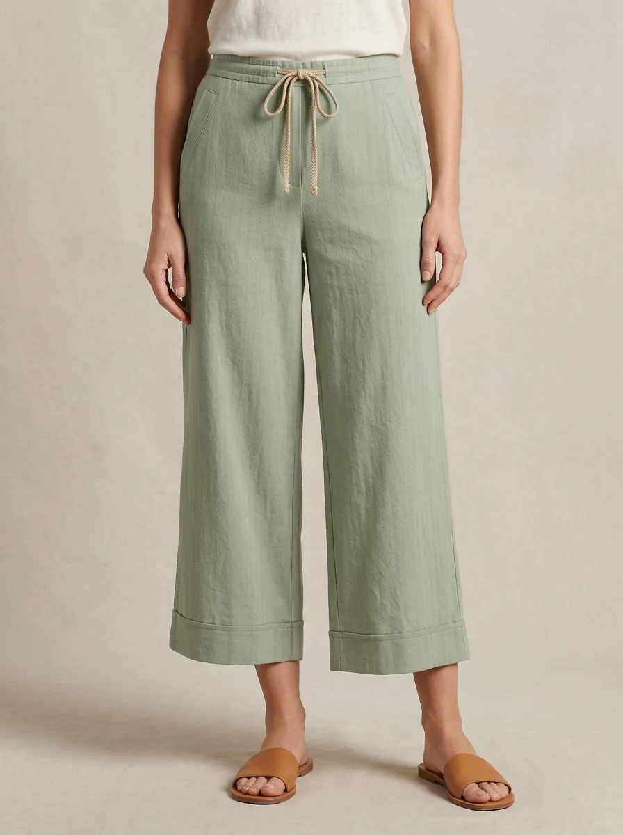 Comfort Drawstring Waist Wide Leg Set Women's Cropped Pants