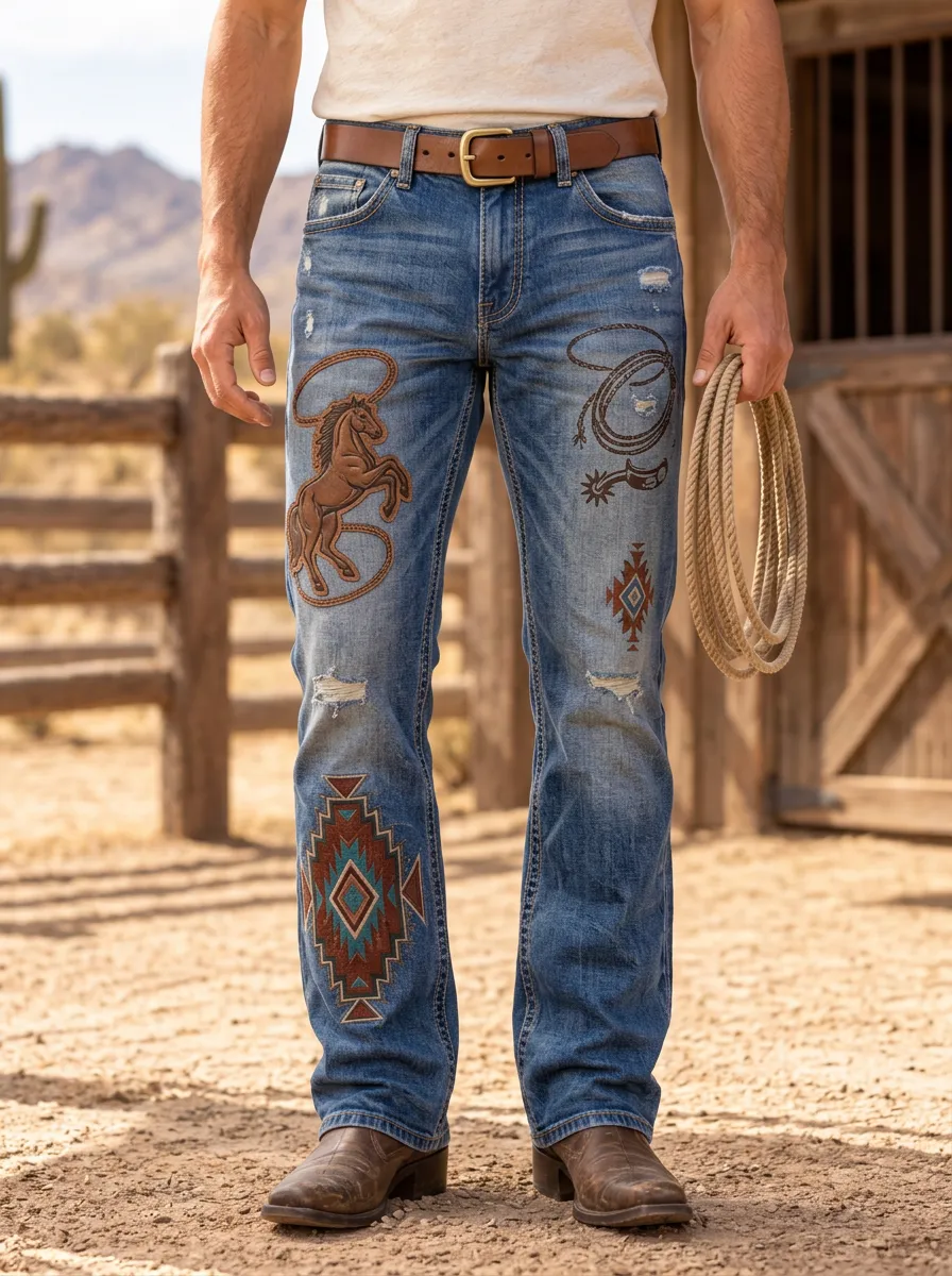 Men's Desert Inspired Western Cowboy Horse Lasso Jeans