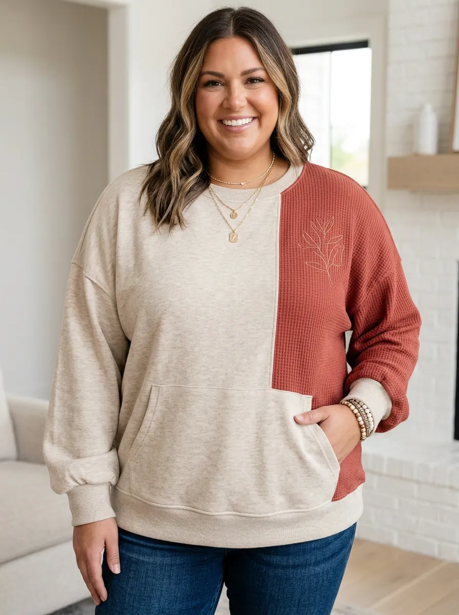 Women's Plus Size Floral Line Art Colorblock Waffle Knit Printed Sweatshirt