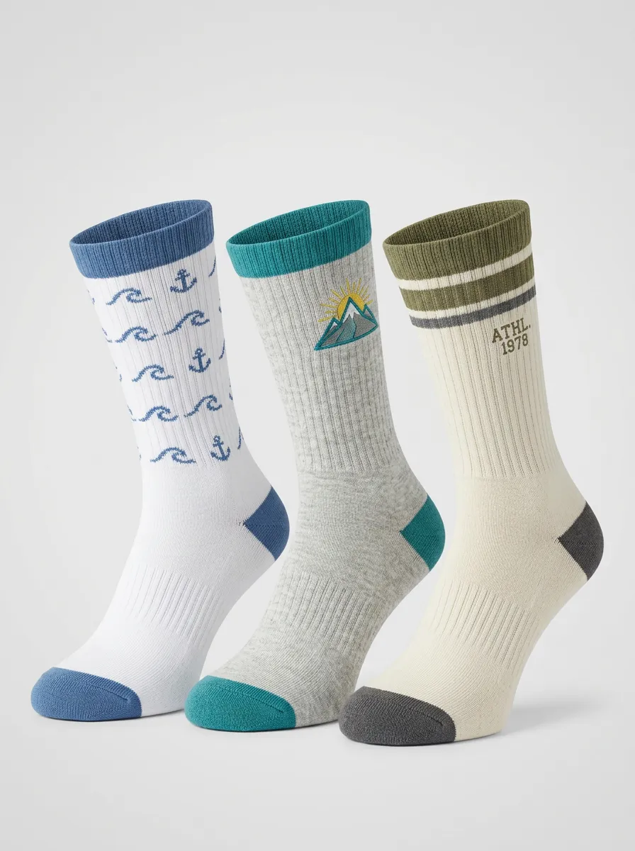 Unisex Mountain Adventure Three-Pair Embroidered Crew Socks