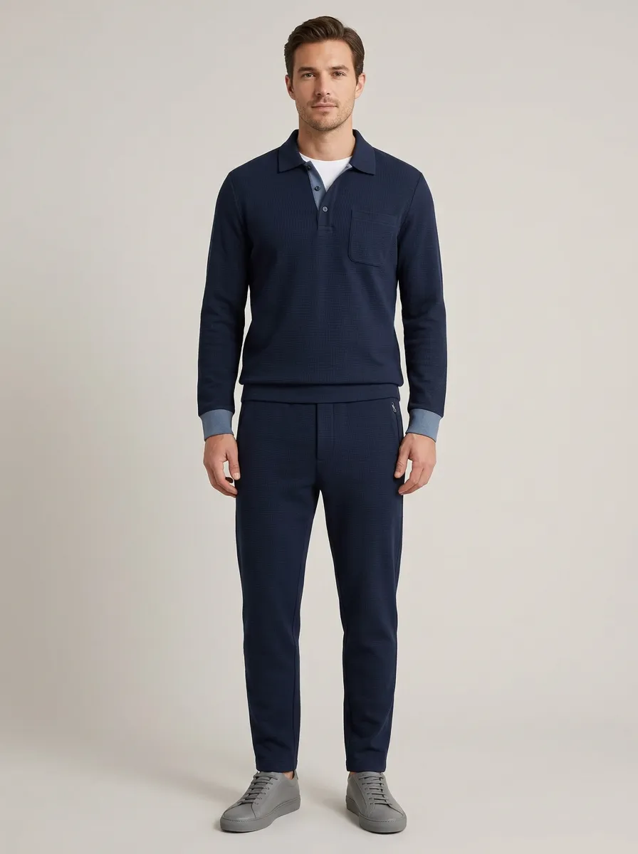 Men's Modern Waffle Textured Polo Collar Jacket and Jogger Pants Set