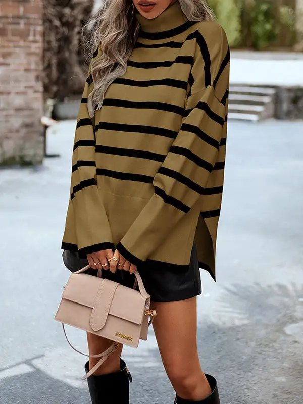 Striped Split Hem High Neck Long Sleeve Relaxed Fit Pullover Sweater