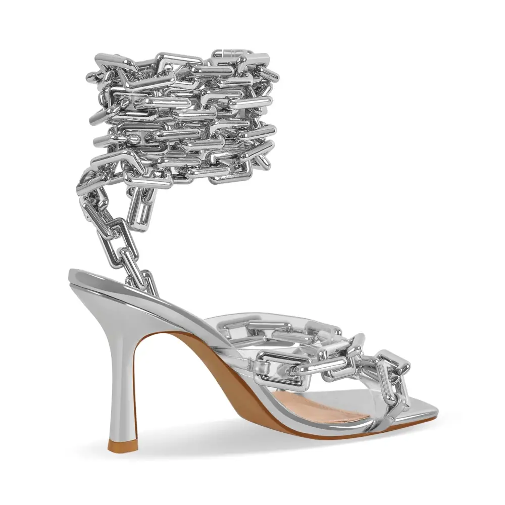 Square Toe Metal Chain Lace Up Stiletto Sandals