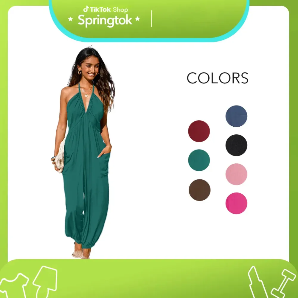 Women'S Basic Plunge Halter Sleeveless Pleated Long Romper Knit Jogger Maxi Jumpsuit With Pockets Spring Summer Womenswear Overalls