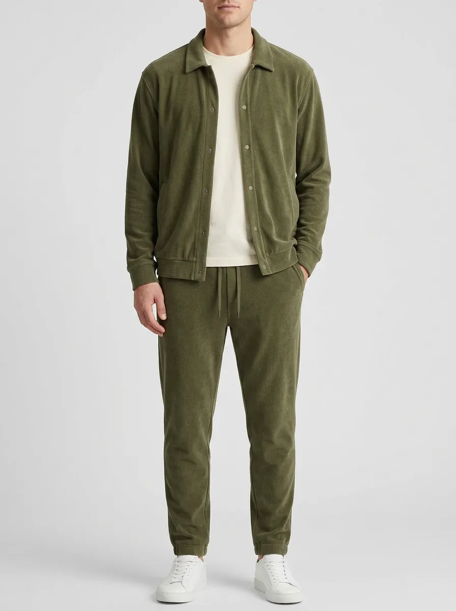 Men's Urban Textured Polo Collar Jacket and Jogger Pants Set