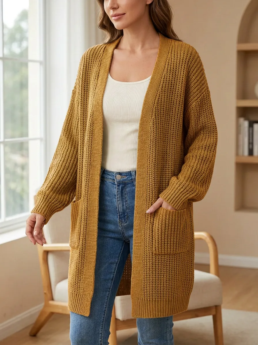 Women's Waffle Knit Open-Front Long Cardigan
