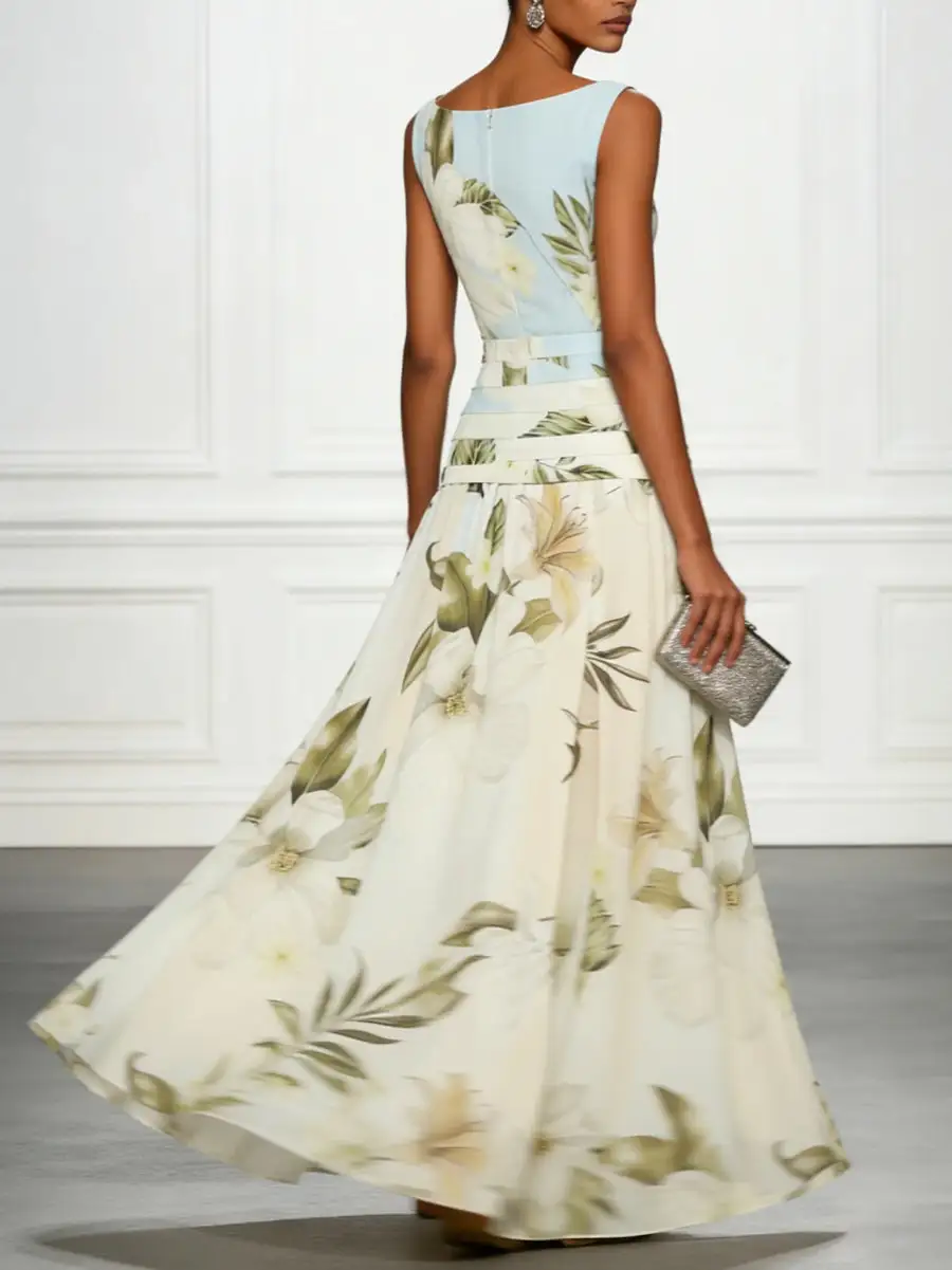 Flower Pleated Neck Maxi Dress