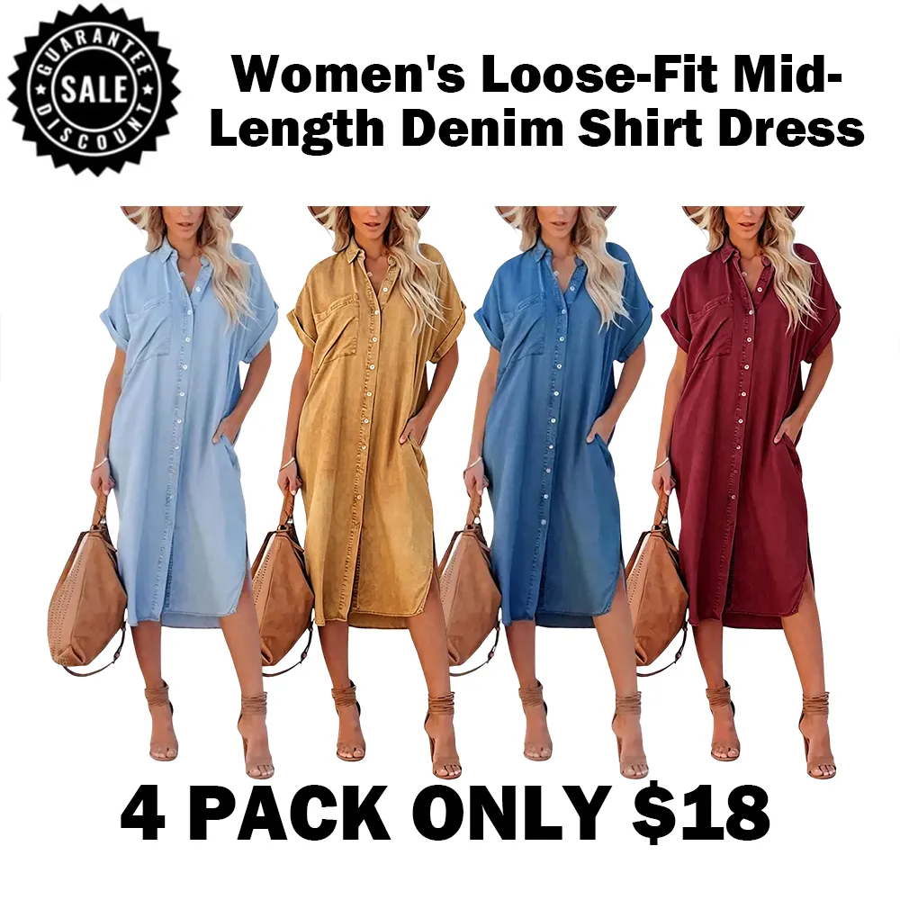 ⏰Hot Sale-Women's Loose-Fit Mid-Length Denim Shirt Dress🔥8-Pack - All Colors Included