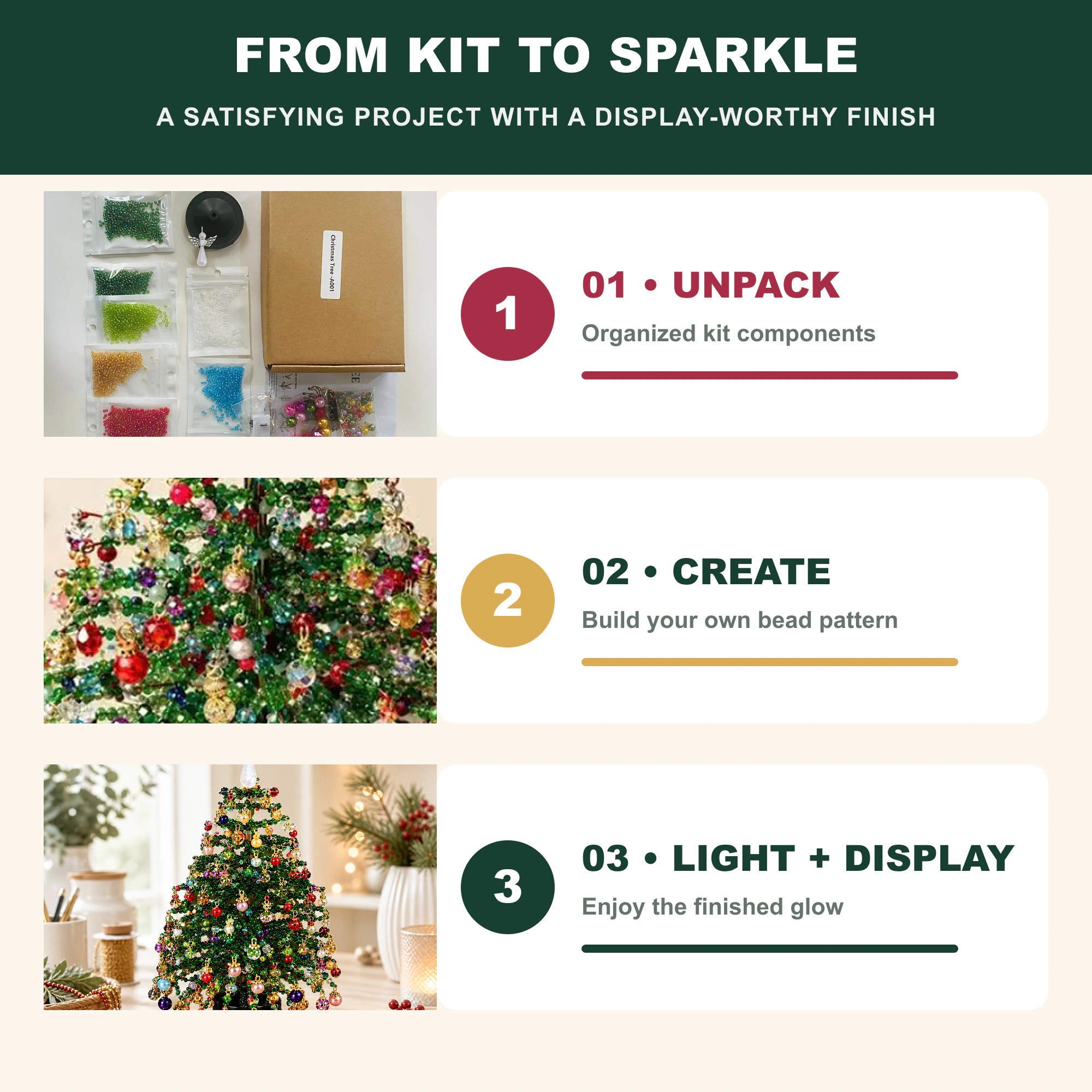 Three stages from organized kit components to beading and the finished lighted tabletop display