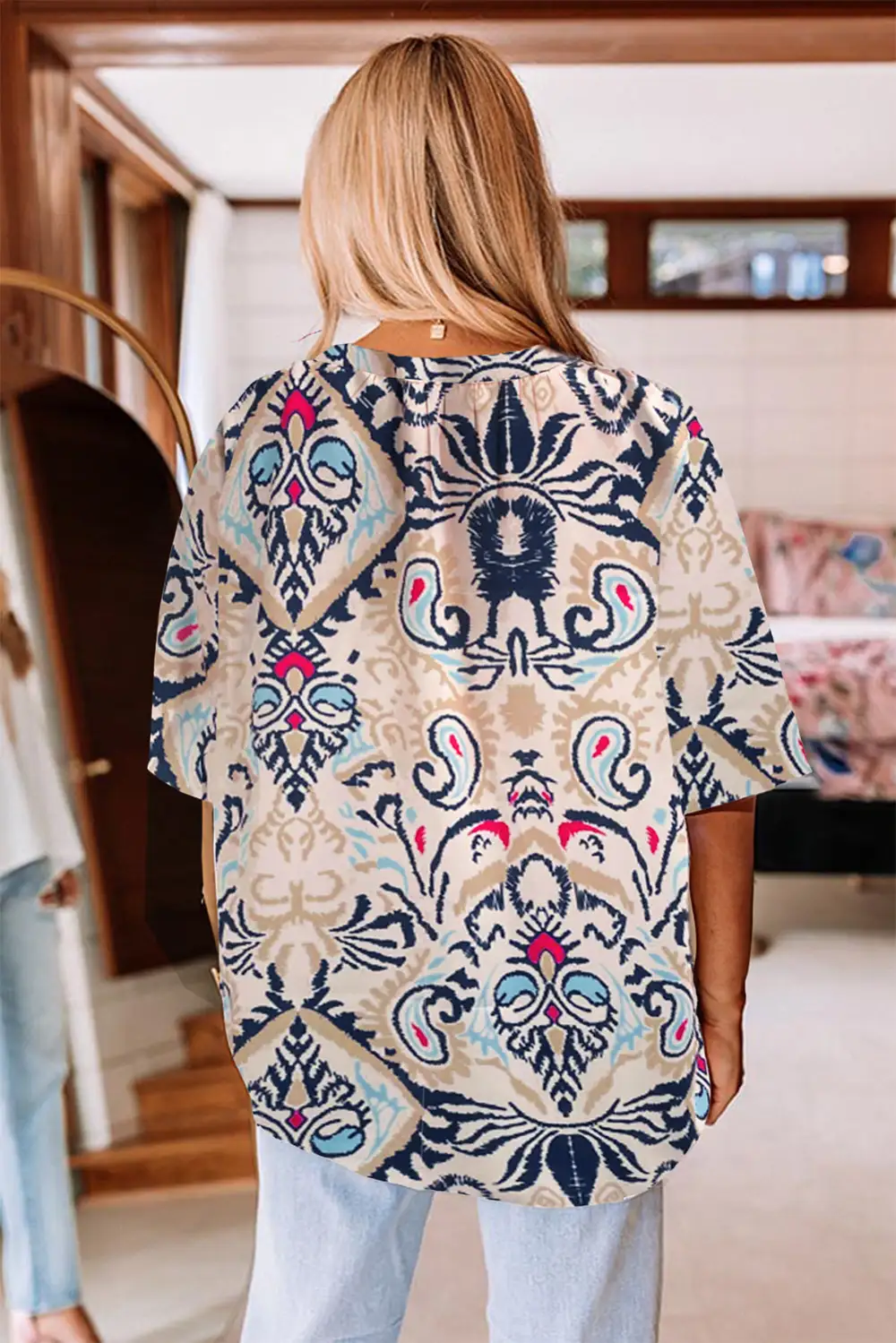 Abstract Notched V Neck Split Half Sleeve Blouse