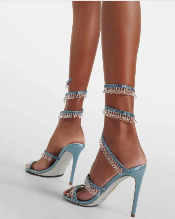 Rhineston Fringe Snake Sandals in Sky