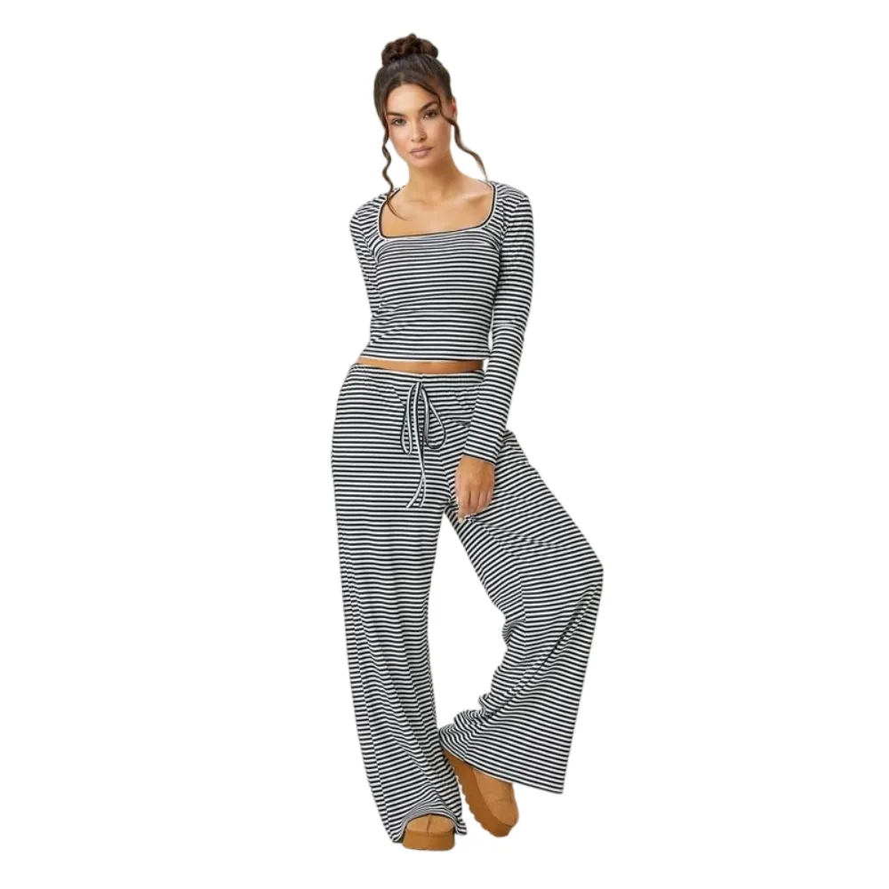 Women's Slouchy Square Neck Stripe Long Sleeve Crop Top & Low-Rise Wide Leg Trousers Co-ord