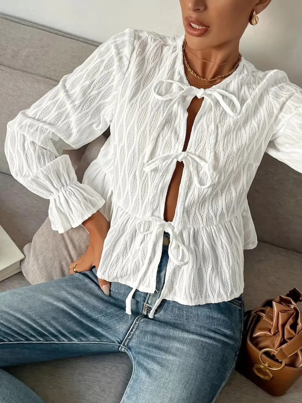 Refined Tie Front Flounce Sleeve Blouse