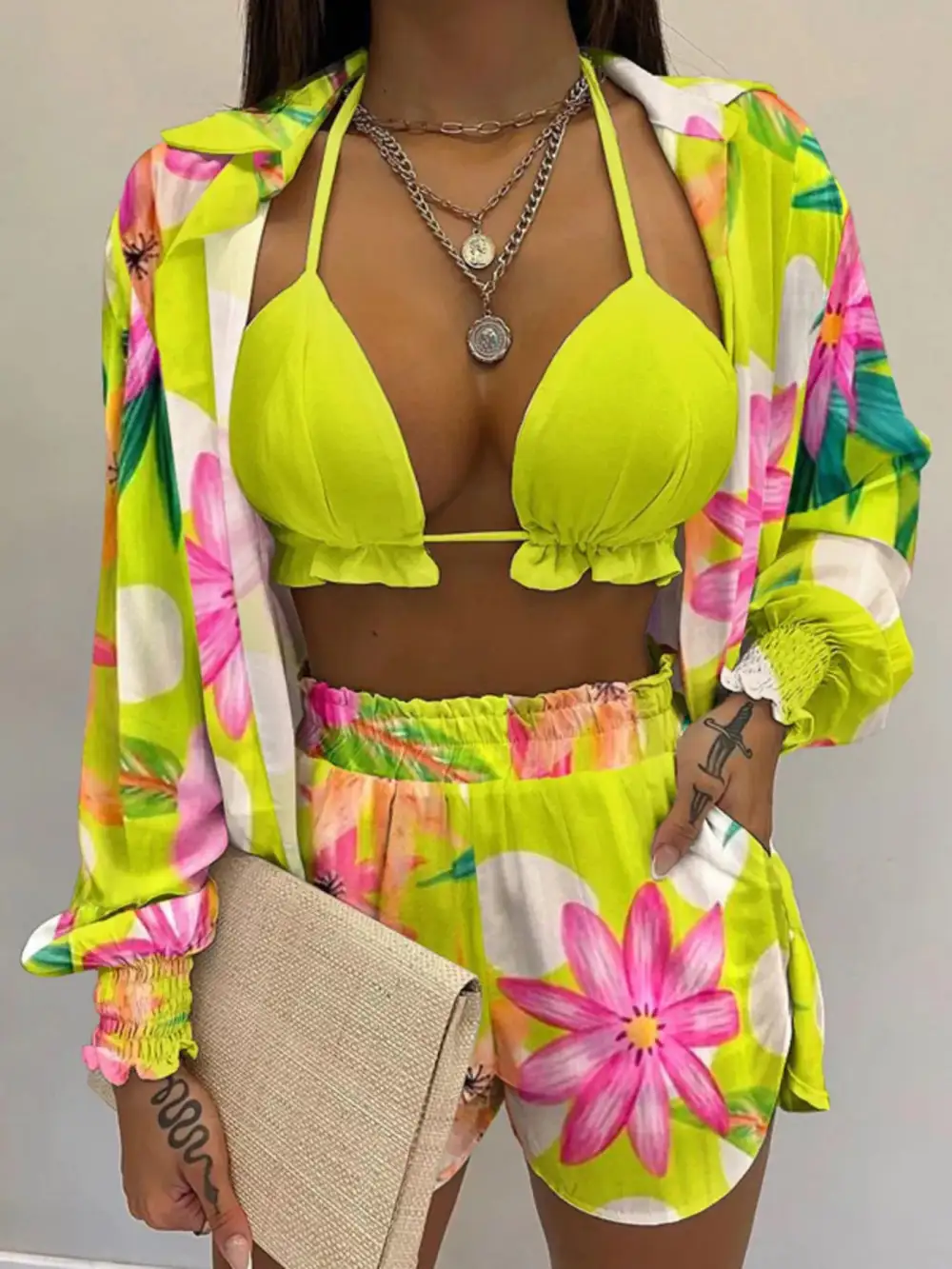 Halter Neck Cami & Shirt & Shorts Piece Outfit Set
